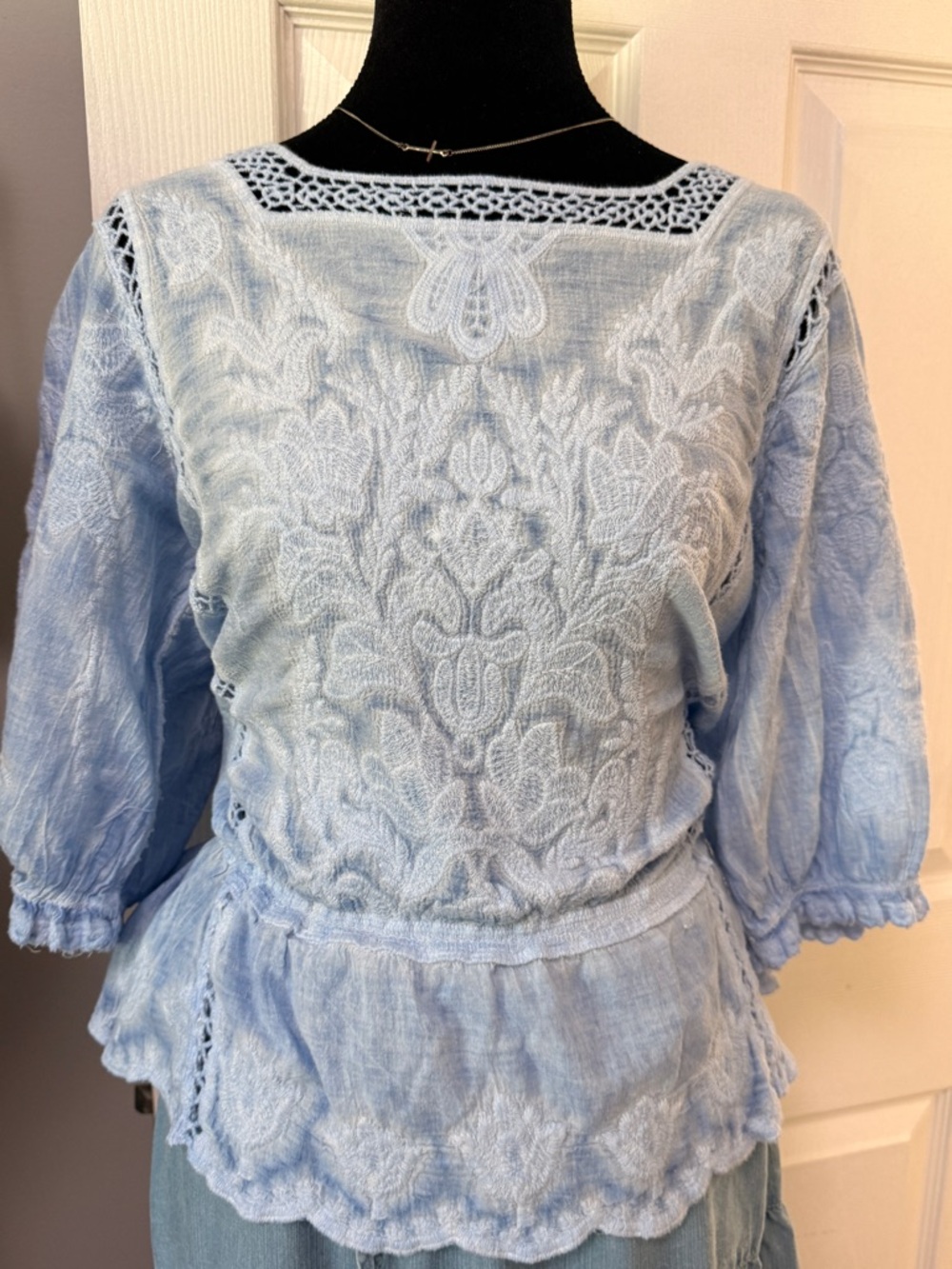 100% Cotton Democracy Light Blue Embroidered Peplum Blouse Women S Boho Top